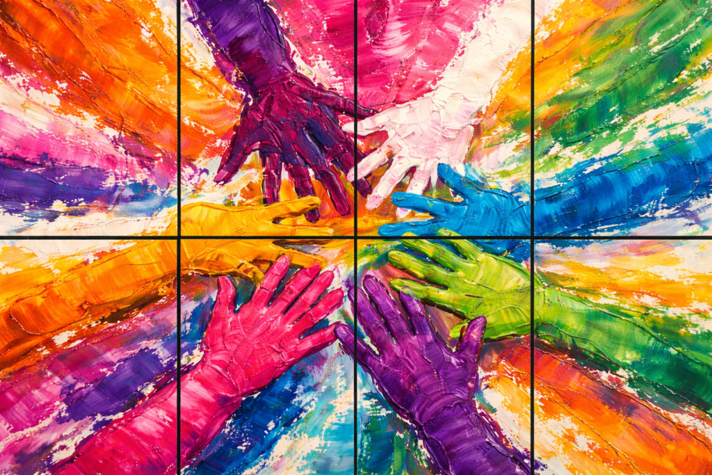 Eight fully painted acrylic canvases laid out together with 4 on the top row and 4 on the bottom row that make a combined image of hands all brought together to make one completed painting.