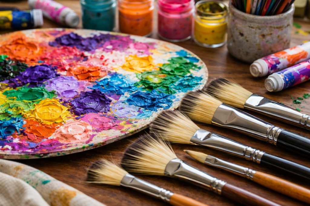 A paint palette with several different colored paints and 6 various clean dried paintbrushes laid next to it.
